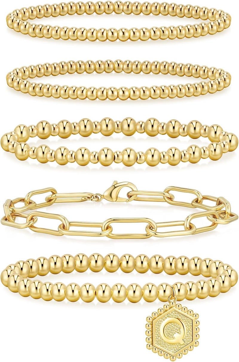 adoyi Gold Bracelets for Women Waterproof, 14K Gold Plated Beaded Strand Bead Ball Bracelets stack Adjustable Jewelry Set for Gifts - Image 1